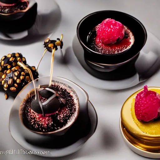 Prompt: extremely delicious looking photo of beautiful sweet unique style dessert in fancy stylish cup, very expensive top quality product, michelin star, most perfect desert on the world, small manufacture, unique style, 8 k, product photography, professional studio photography