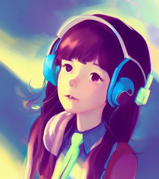 Image similar to beautiful little girl character inspired by 9 0's fashion and by madeline from celeste, art by rossdraws, wlop, ilya kuvshinov, artgem lau, sakimichan and makoto shinkai, concept art, headphones, anatomically correct, very coherent