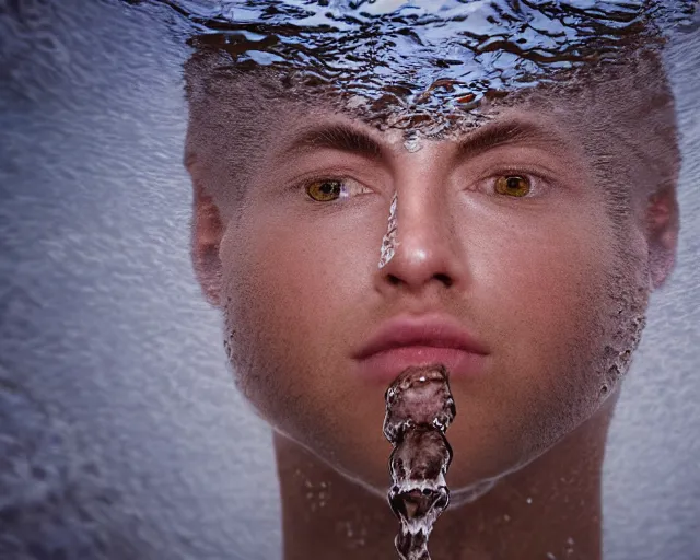 Prompt: water art manipulation of a surreal human head with open eyes burried in the ocean, shot from above, hyper realistic, ray tracing, realistic water, sharp focus, 8 k resolution, cinematic