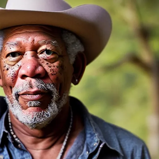 Image similar to an film still of morgan freeman as cowboy with beard, western background, unreal engine