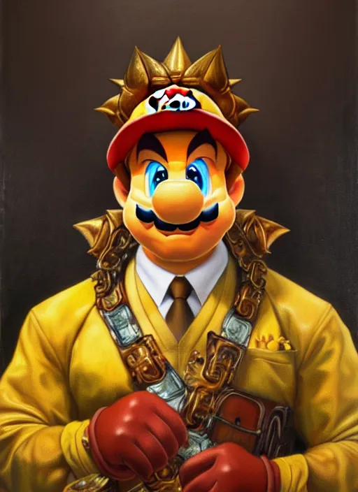 Image similar to oil portrait of bowser from super mario, intricate, elegant, highly detailed, lighting, painting, artstation, smooth, illustration, art by greg rutowski and alphonse mucha