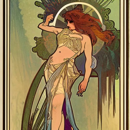 Prompt: Illustration by Alphonse Mucha of a female vampire