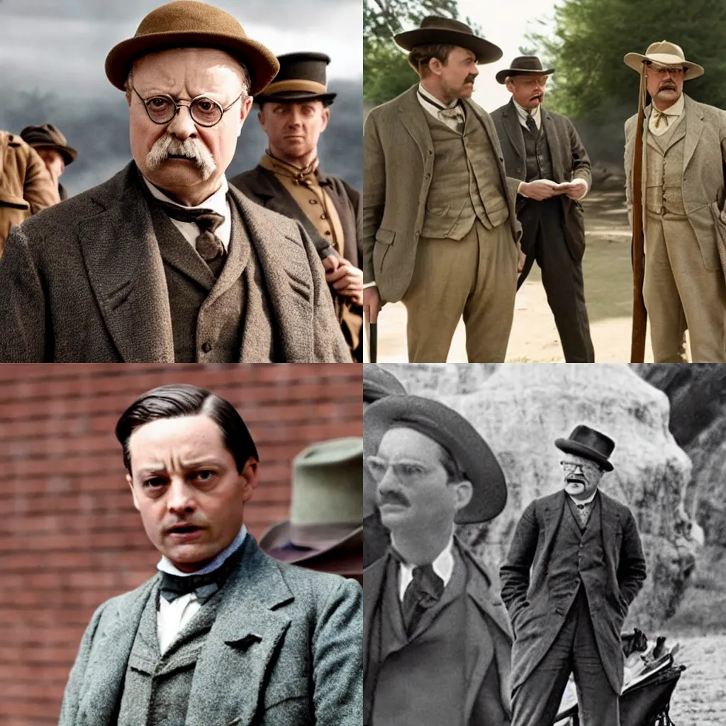 Prompt: Tobey Maguire as Theodore Roosevelt in 'Roosevelt' (2017), movie still frame.