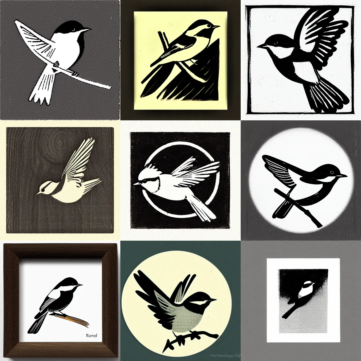 Prompt: tonalist woodcut of flying chickadee, corporate logo, icon, rondel, monochromatic