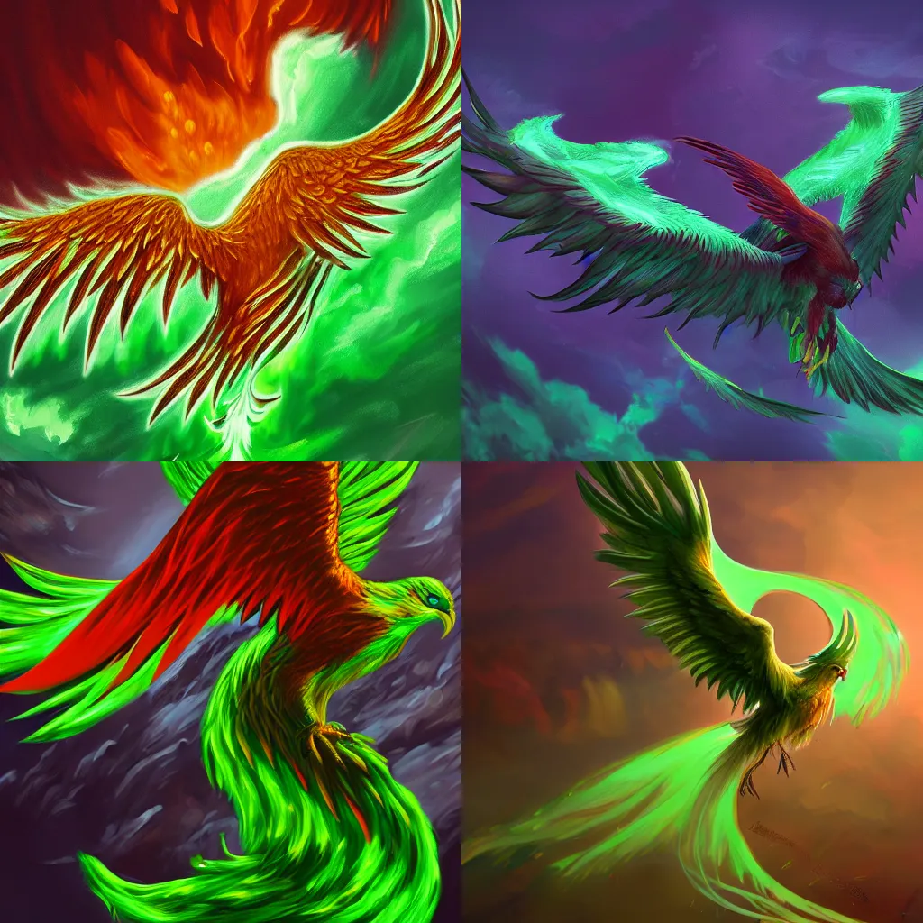 Prompt: phoenix made out of green liquid, wings outstretched, trending on artstation matte 4K painting