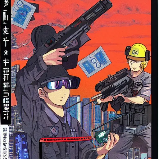 Image similar to 1993 Video Game Cover, Anime Neo-tokyo 4 bank robbers fleeing the scene with bags of money, Police Shootout, MP5S, Highly Detailed, 8k :4 by Katsuhiro Otomo : 8