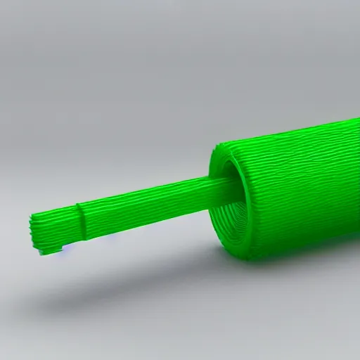 Prompt: a 3 d printed rail gun prototype, printed in green filament that is slightly transparent, with visible layer lines and printing errors. 4 k, hdr, photo taken on an iphone 1 2.