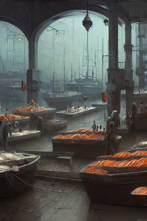 Image similar to fish market by greg rutkowski, giger, maxim verehin, zdzisław beksinski