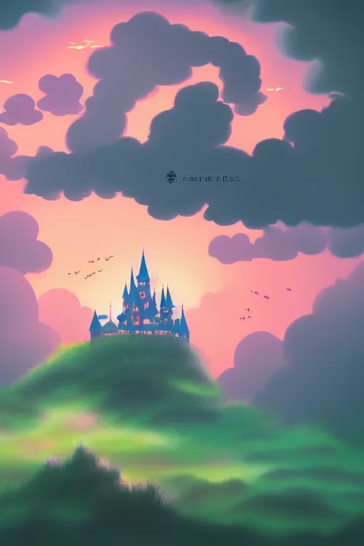 Image similar to beatiful castle in the clouds, romantic, atmospheric, wide shot, vaporwave colors