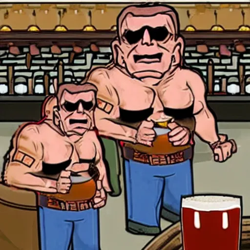 Prompt: duke nukem and doomguy drinking beer in a bar