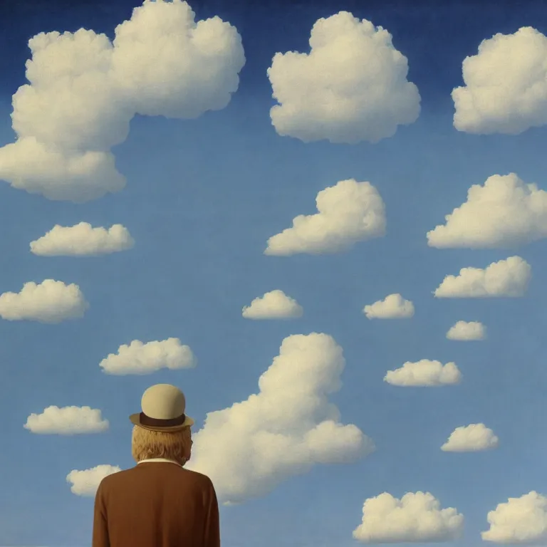 Image similar to cloud - man, by rene magritte, centered, detailed painting, hd, hq, high resolution, high detail, 4 k, 8 k