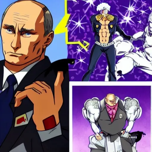 Prompt: putin in jojo bizarre adventure with a muscular body, very anime style
