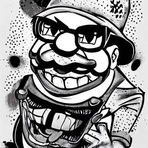 Image similar to Wario in style of fear and loathing in las vegas,black and white