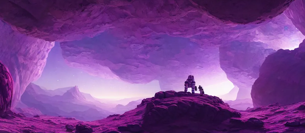 Prompt: one astronaut on purple [ [ [ crystal ] ] ] caves, amethyst, beautiful dynamic lighting, cinematic, wide angle establishing shot, extremely high detail, photo realistic, cinematic lighting, artstation, matte painting, style by frederic church, raphael lacoste, greg rutkowski, roger deakins