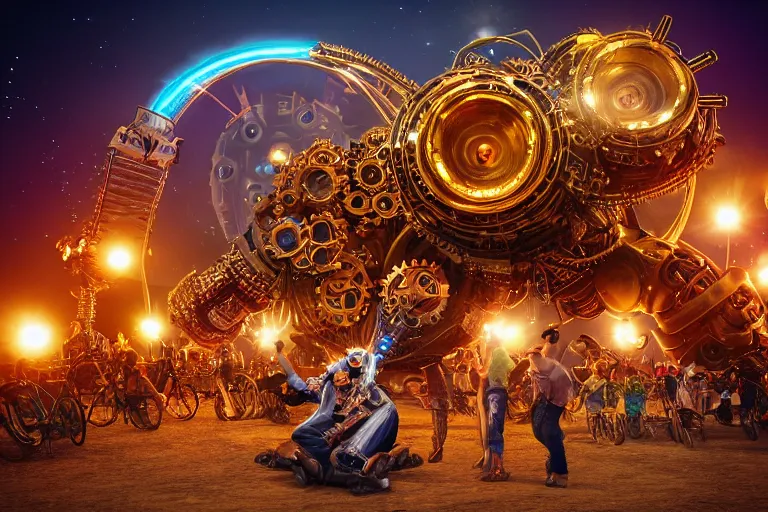 Image similar to scene is burning man festival, portrait photo of a stagediving giant huge golden and blue metal futuristic steampunk robot, with gears and tubes, eyes are glowing red lightbulbs, audience selfie, shiny crisp finish, 3 d render, 8 k, insaneley detailed, fluorescent colors, haluzinogetic, background is multicolored lasershow