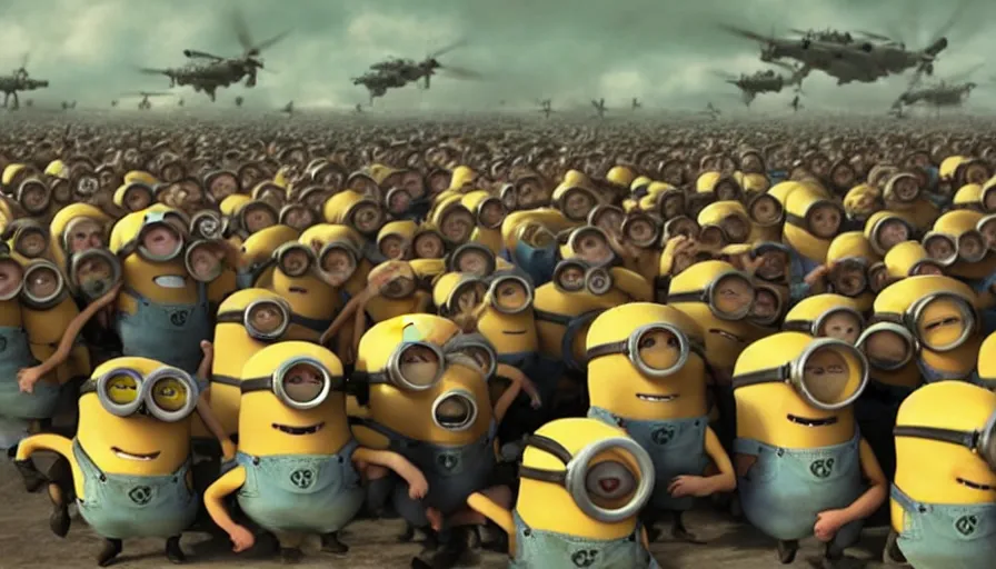 Image similar to millions of minions fighting the nazis during d - day, still from dreamworks movie