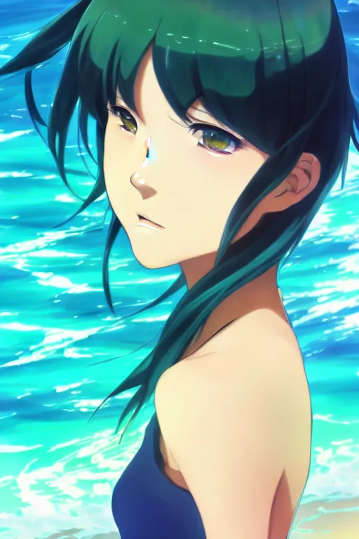 Prompt: makoto shinkai, artgerm, ilya kuvshinov, beautiful anime women with green dress, long blue hair, water powers water swirling, symmetrical face, symmetrical eyes, detailed, beach setting, cinematic lighting