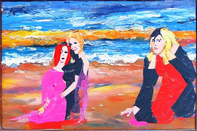 Prompt: happy Kate Pierson and Cindy Wilson on the beach painted with a palette knife, thick impasto