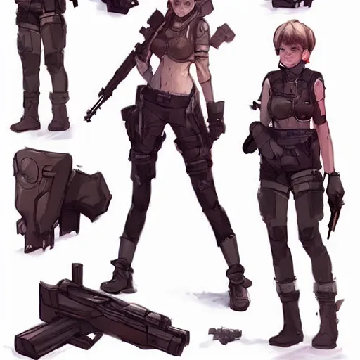 Prompt: character sheet of a incredibly cute and lovely girl weaponry expert, digital art by wlop. character design concept art. artstation contest winner, blade runner, scifi, candy girl