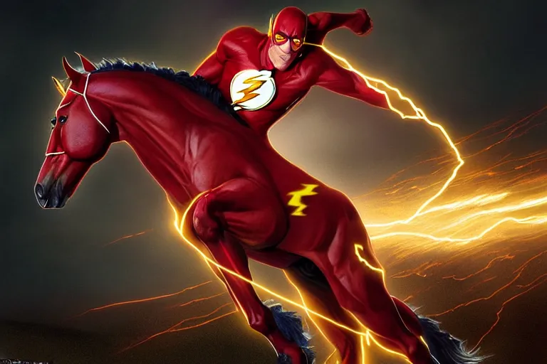 Image similar to a stunning digital painting of a horse as the flash in spandex costume, running in the speedforce by greg rutkowski, volumetric light, digital art, fine detail, photorealistic