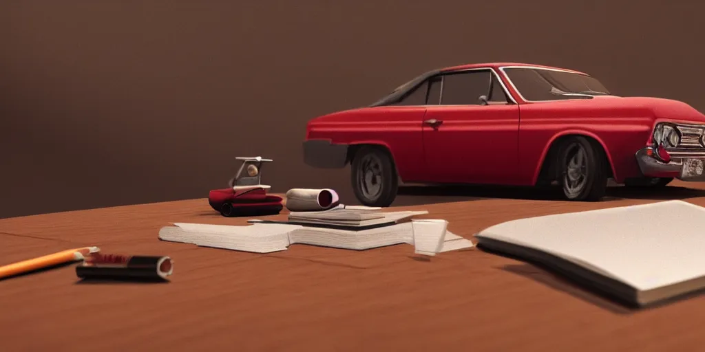 Image similar to a small miniature of a red Chevrolet Opala near a book and a pencil on a wooden table, hyperrealistic, concept art, octane render, unreal engine 5, path tracing, complementary colours, high quality, highly detailed, 4K, symmetrical, low contrast, serene landscape, calm, high coherence