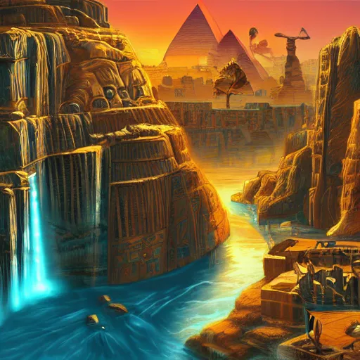 Image similar to ancient egypt cityscape in the space with waterfalls, retrowave epic art, trending on art station