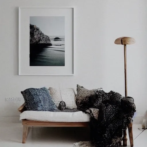 Image similar to a minimalist mockup photo with large blank frame, in a white clean studio, white walls, white furniture, boho style, trending on pinterest