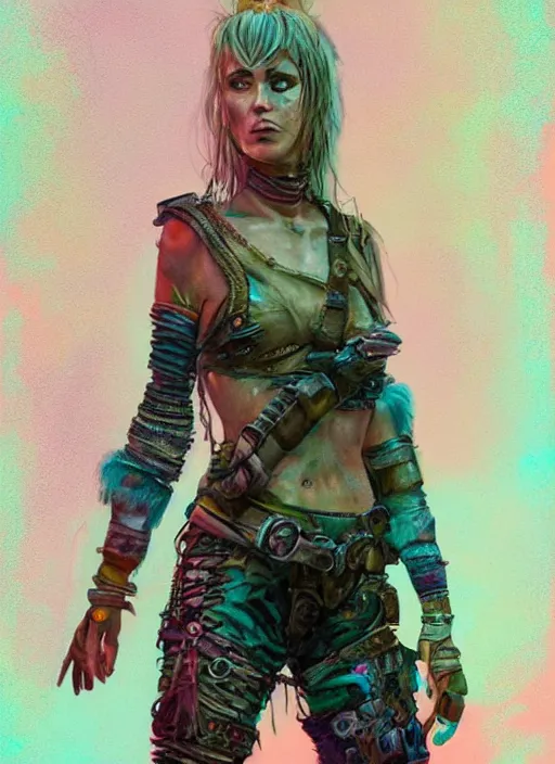 Prompt: full body concept art illustration pastel painting of a female mad max in full intricate colorful clothing, beautiful face, ultra detailed, octane render, 4K, dystopian, micro details