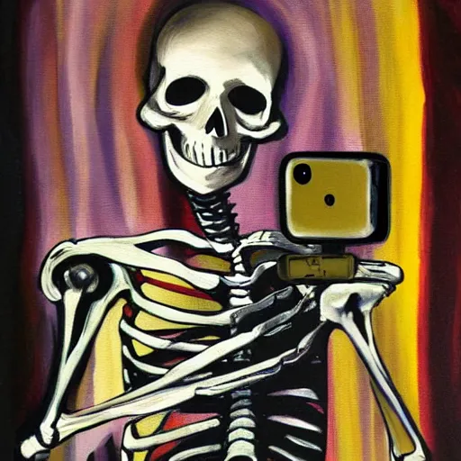 Prompt: skeleton taking a selfie, painting by mr. fish