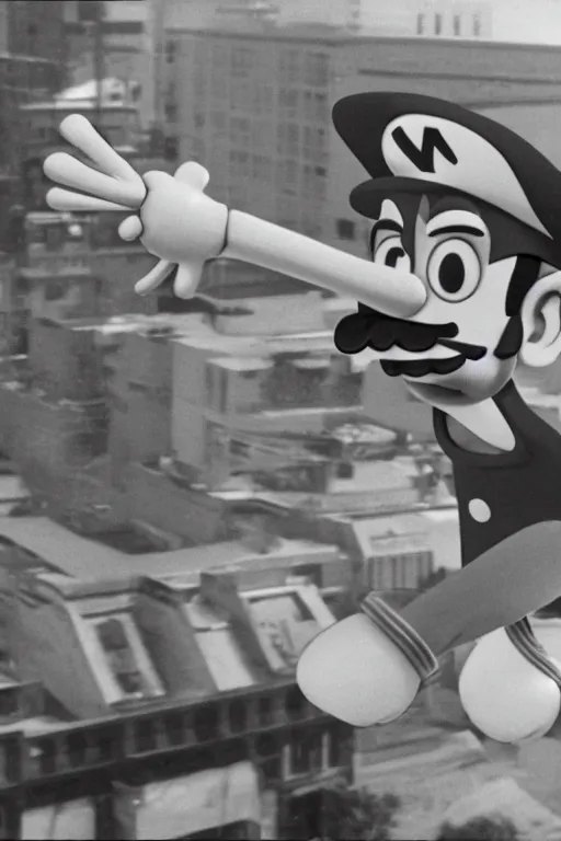 Image similar to still from vhs footage of waluigi attacking city