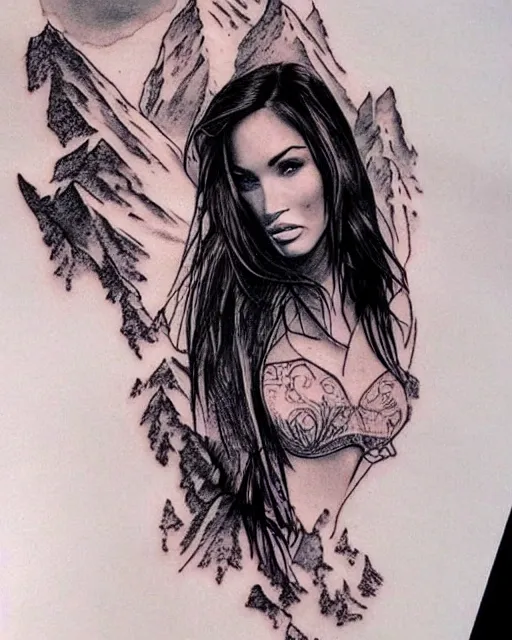 Image similar to double exposure effect tattoo design sketch of megan fox with beautiful mountains, realism tattoo, in the style of den yakovlev, amazing detail, sharp