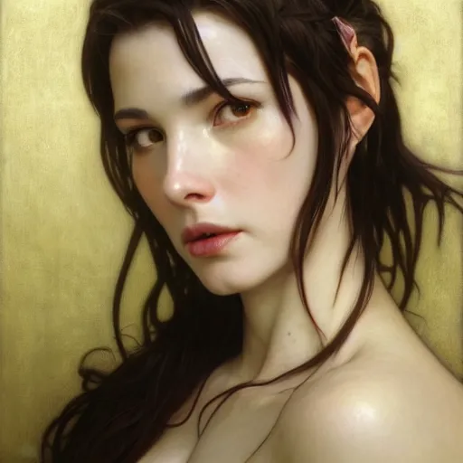 Image similar to Masterpiece head and shoulders Portrait of Tifa Lockheart drawn by Donato Giancola and Tom Bagshaw, face by Artgerm, overall design by Alphonse Mucha, background by James Jean and Gustav Klimt, light by Julie Bell, 4k, porcelain skin, komorebi, french nouveau, trending on artstation, octane render, hyperrealistic