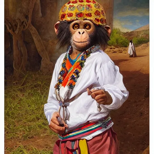 Image similar to beautiful painting by sophie anderson of a chimpanzee wearing traditional men kurdish clothes baggy pants and white shirt with a large sash tied around the waist in a kurdish village, award winning art, insanely detailed, bright colors, global illumination, cute, young, stunning