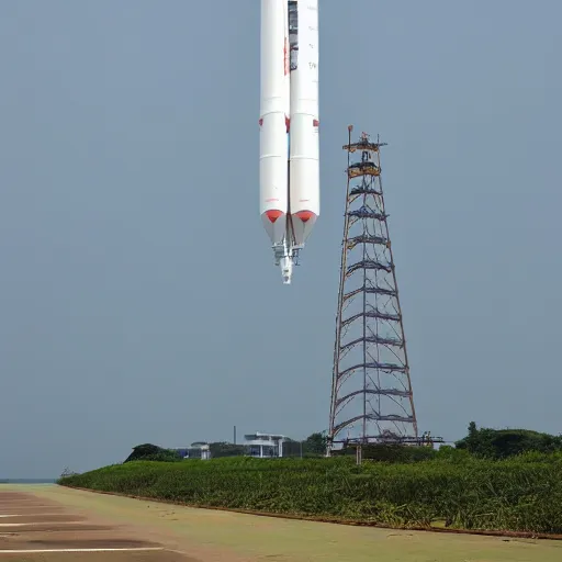 Prompt: a banana rocket on launch pad at wenchang space launch site in hainan, china