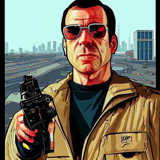 Prompt: portrait of Beny Gantz as a GTA v character. GTA v loading screen illustration by martin ansin, matt bors