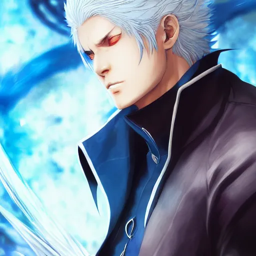 Image similar to beautiful anime art of Vergil from devil may cry by WLOP, rossdraws, Logan Cure, Mingchen Shen, BangkuART, sakimichan, yan gisuka, JeonSeok Lee, zeronis, Chengwei Pan on artstation