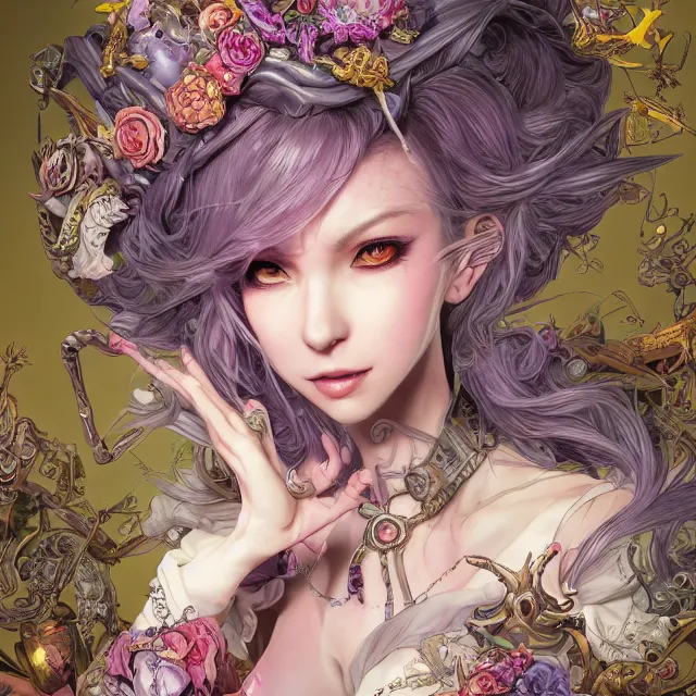 Prompt: the portrait of chaotic evil female necromancer mastermind as absurdly beautiful, gorgeous, elegant, cute av young idol, an ultrafine hyperdetailed illustration by kim jung gi, irakli nadar, intricate linework, bright colors, octopath traveler, final fantasy, unreal engine 5 highly rendered, global illumination, radiant light, detailed and intricate environment