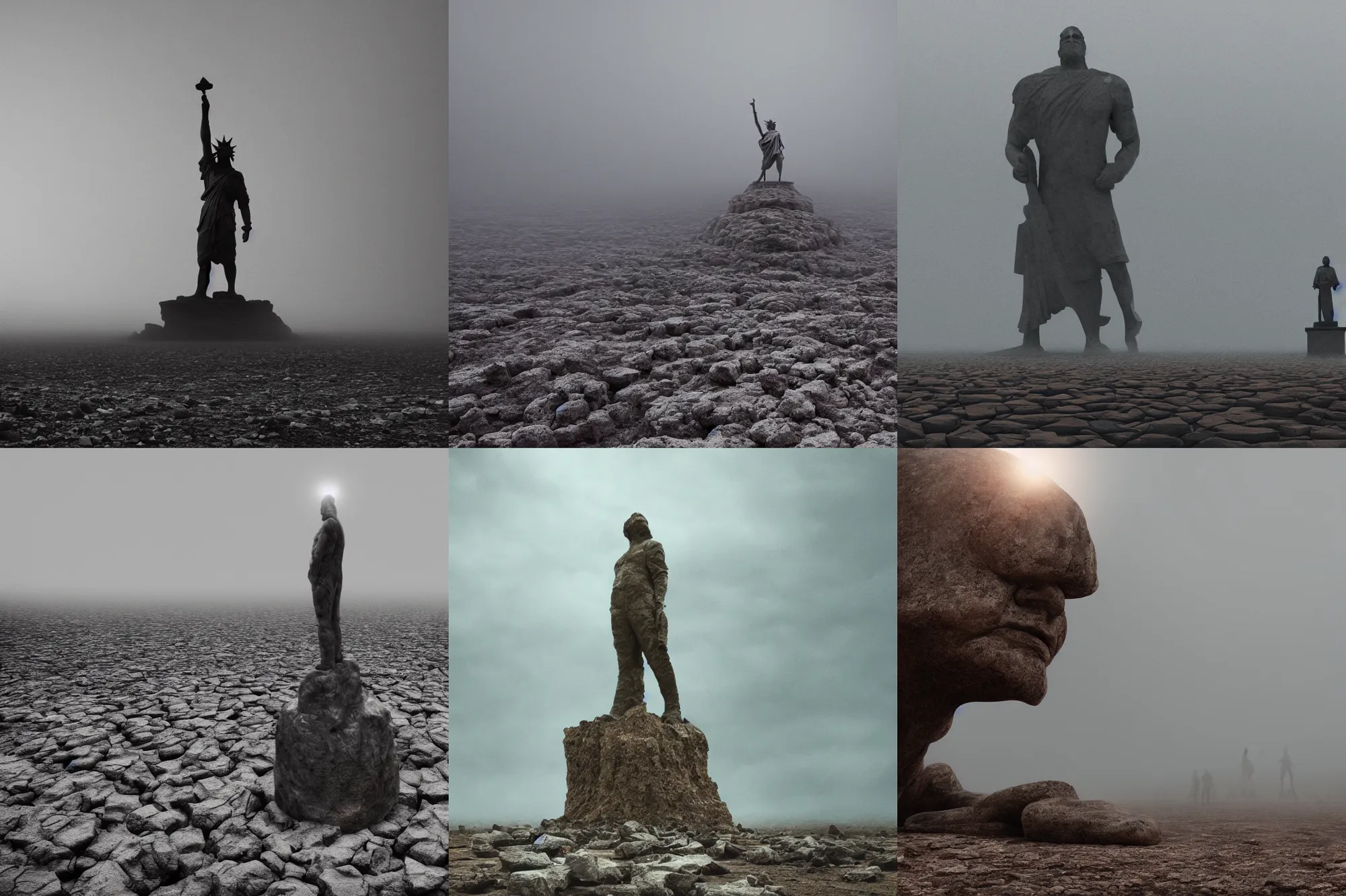 Prompt: cinematic wide shot of a barren rocky wasteland, hundreds of people lining up single file for miles, at the end stands a giant statue holding a scales of justice, light fog, digital art,