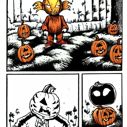 Image similar to Sam from Trick R Treat, stands in front of pumpkin filled lawn at Night, Halloween comic book, comic book art in the style of frank miller