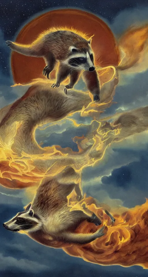 Image similar to surrealistic fresco of a god raccoon on a cloud, hovering over a lake of fire, apocalyptic scenario