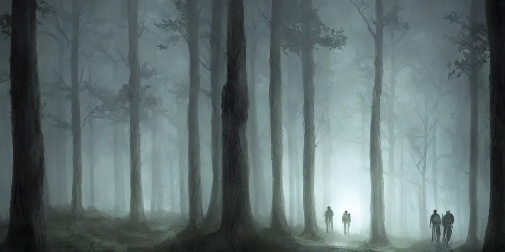 Prompt: The Three Kings walk through a foggy forest at moonlight, Trending artstation, digital art