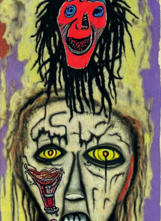 Prompt: a horror portrait of art brut by a psycho man with dreadlocks, full color outsider crazy marginal art