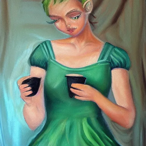 Prompt: Tinkerbell drinking coffee in short green dress with tattered hem, bare feet, hungover, detailed oil painting by Jasmine Beckett-Griffith