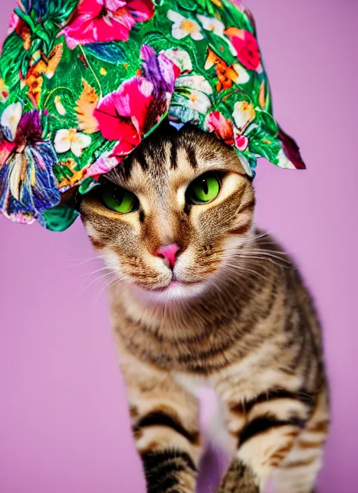 Image similar to 3 5 mm macro photography of a cat wearing a floral headdress and paisley suit