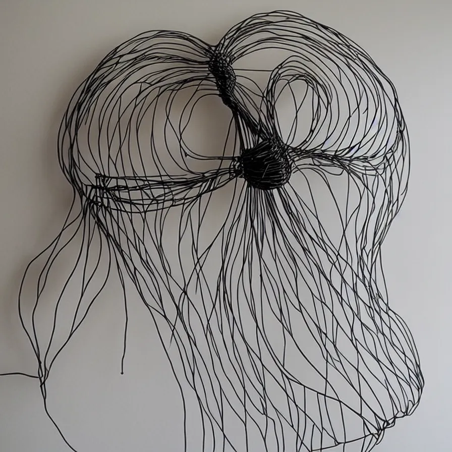 Image similar to elegantly hanging wire art sculpture of a human face