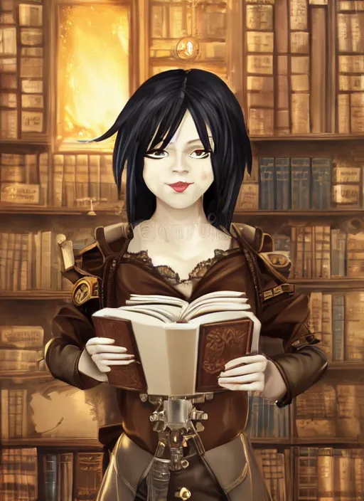 Prompt: a full shot of a steampunk female maid with a black bob hair style holding a stack of books, standing in a steampunk reading room. in a steampunk reading room. digital illustration, soft lighting lighting, 8K, anime, trending on ArtStation, digital art.