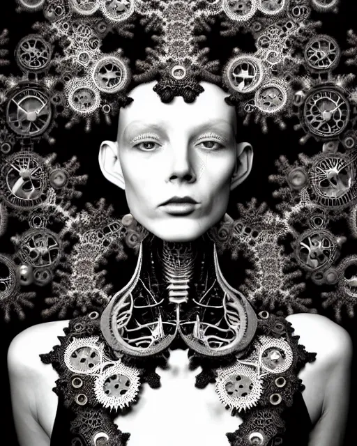 Image similar to surreal black and white photo portrait of complex bio-mechanical beautiful young female vegetal-cyborg with a Mandelbrot fractal steampunk metal fine lace face, a very long neck and a fine metal floral foliage super big lace collar by Alexander McQueen:: smoke, high fashion, haute couture, rococo, steampunk, silver filigree details, anatomical, facial muscles, cable wires, microchip, elegant, dreamy, foggy atmosphere, hyper realistic, 150 mm lens, soft rim light, octane render, unreal engine, picture was taken in 1910 by Man Ray, volumetric lighting, dramatic light,8k,