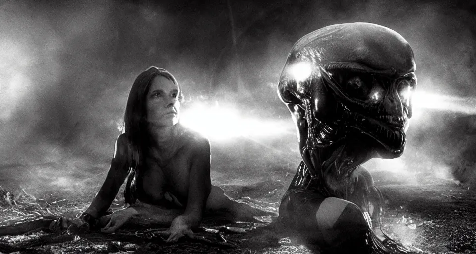 Prompt: Horror film, cinematic tones. Scene where an alien attacks a woman.