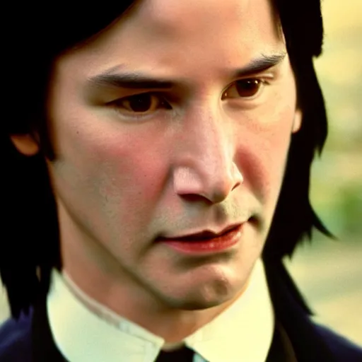 Image similar to Film Still of a Young Keanu Reeves playing a Young Severus Snape in Harry Potter, Film Still, realistic, hyperrealistic, very realistic, very very realistic, highly detailed, very detailed, extremely detailed, detailed, detailed face, very detailed face, very detailed face, realism, HD Quality, 8k resolution, intricate details, body and head in frame, Real Life