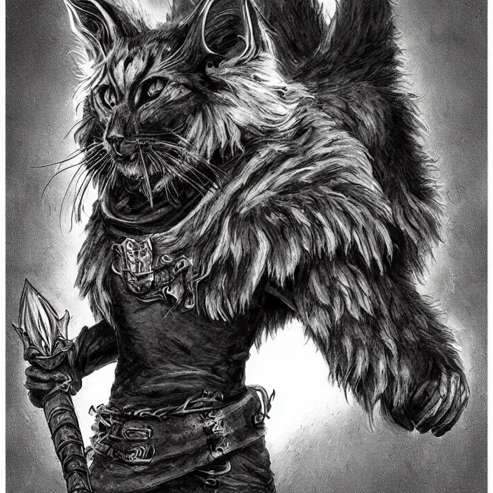 Prompt: khajit tabaxi catfolk humanoid cloaked in shadow and wearing leather armor with maine coon features black fur holding two shortswords, dungeons and dragons, pure white background, fantasy, tarot card style, half body portrait, high detail, hyper realistic